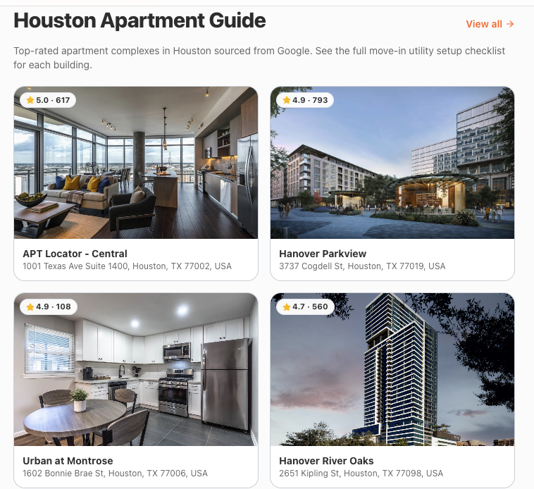 Houston Apartment Guide grid showing apartment complexes with Google ratings, photos, and addresses