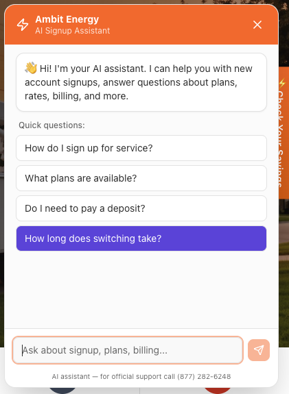 Ambit Energy AI signup assistant chatbot with quick questions and free-text input