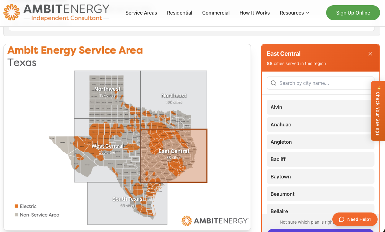 Ambit Energy Service Area map of Texas showing 670+ cities organized by region